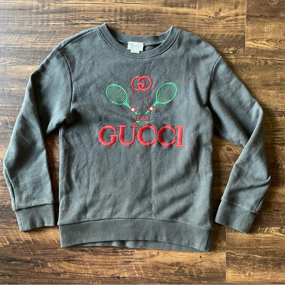 GUCCI Tennis Logo Embroidered Cotton Sweatshirt Grey Little Boy/Big Boy size 10